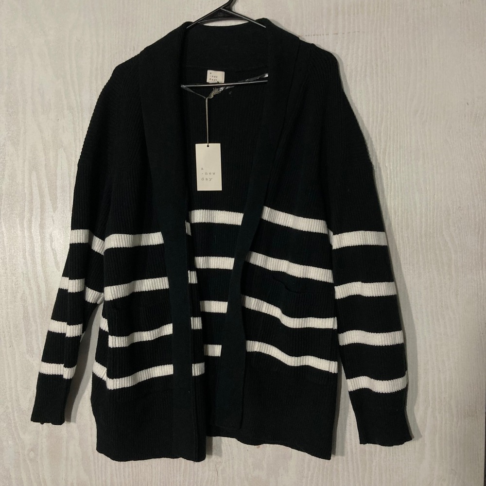 A New Day Cardigan Women XL Black Striped Open Front Shawl Collar NWT Ribbed